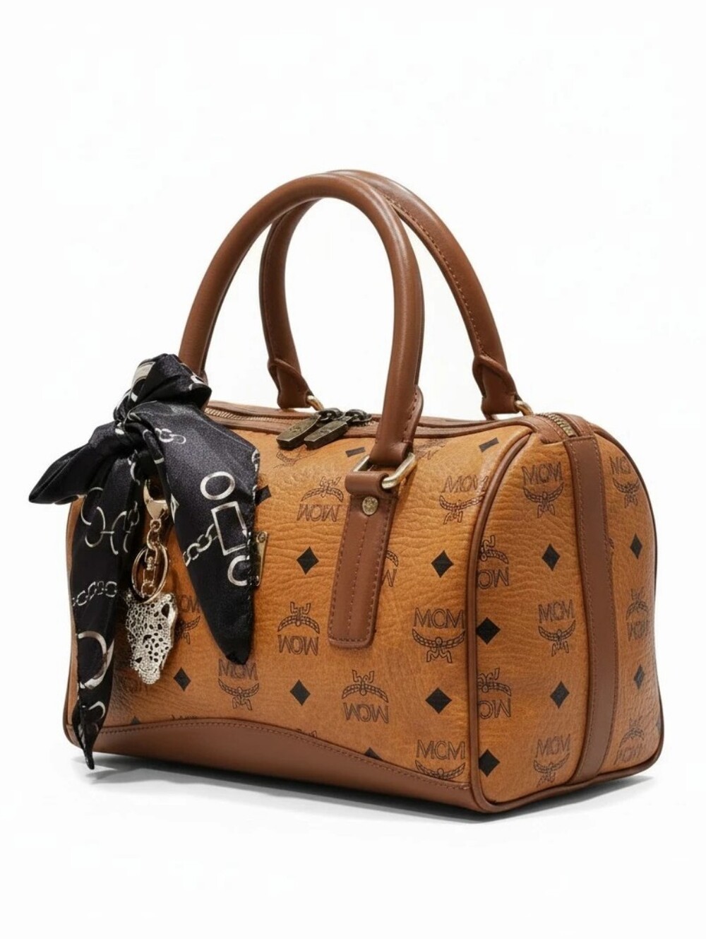 MCM Visetos Logo Compact Boston Bag - Cognac